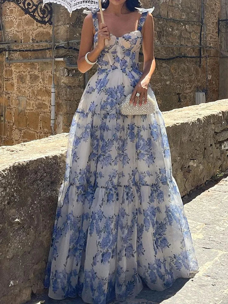 Elegante vestido largo con estampado floral
